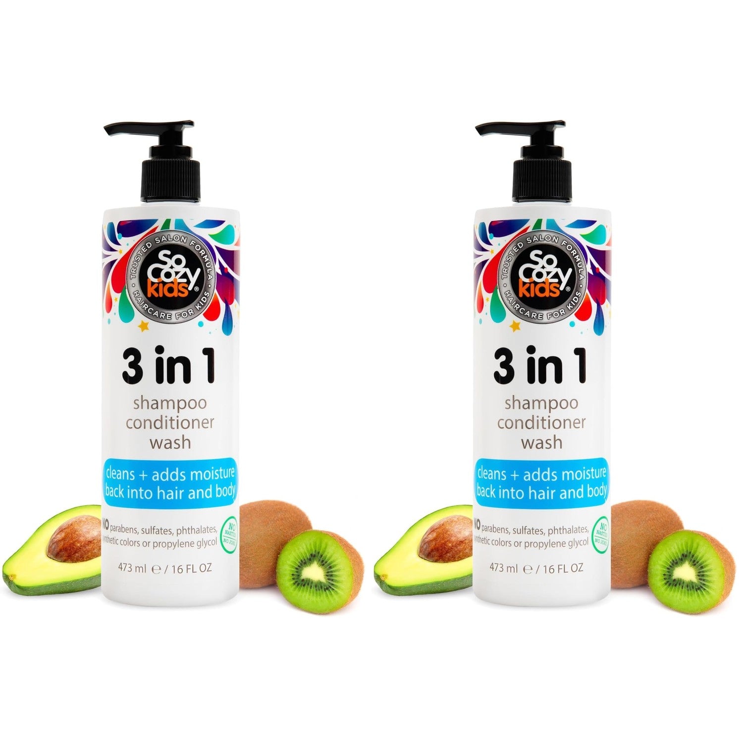 SoCozy 3 in 1 Kids Shampoo + Conditioner + Body Wash (16 Fl Oz) Gentle, Hydrating Hair & Body Cleanser with Keratin, Vitamin B5, & Kiwi Extract, Paraben & Sulfate-Free