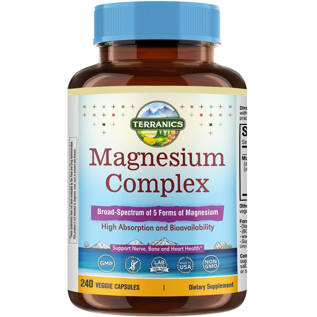 Terranics 5-in-1 Magnesium Complex Supplement 500mg, 120 Vegan Capsules | 5 Forms High Absorption Magnesium Glycinate Citrate Malate Aspartate Gluconate for Sleep Heart Health, Non-GMO