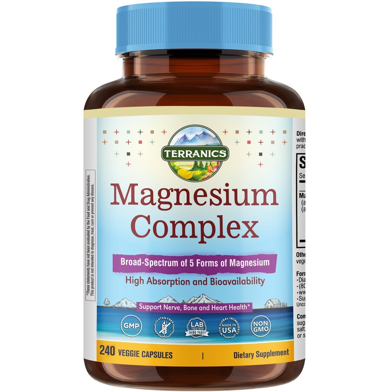 Terranics 5-in-1 Magnesium Complex Supplement 500mg, 120 Vegan Capsules | 5 Forms High Absorption Magnesium Glycinate Citrate Malate Aspartate Gluconate for Sleep Heart Health, Non-GMO