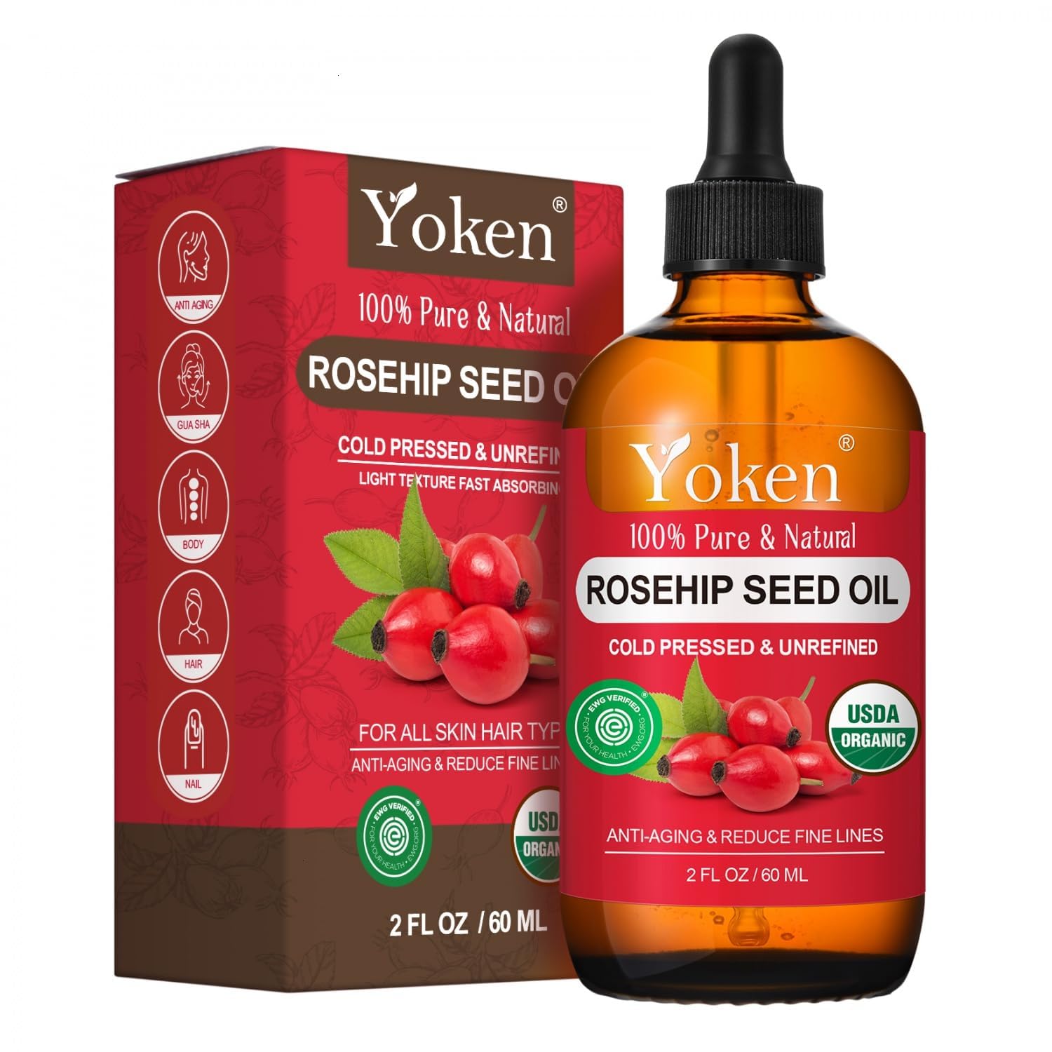 Yoken Cold Pressed Organic Rosehip Seed Oil for Face, Hair & Body, 4 fl oz | Rosehip Oil for Face Hair Body and Nails Rich in Essential Fatty Acids Lightweight Moisturizing Carrier Oil