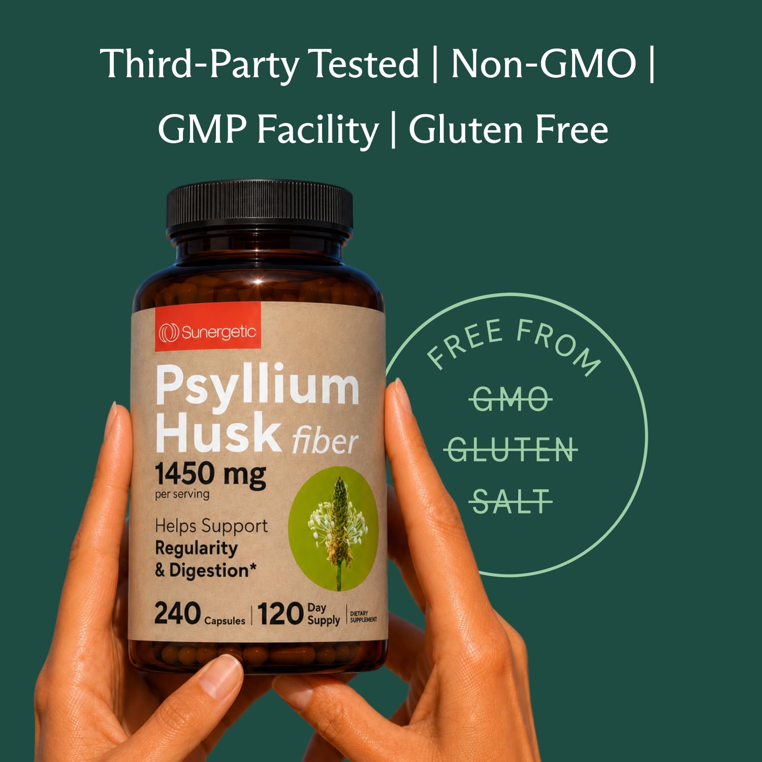 Premium Psyllium Husk Fiber Supplement 1450mg, 240 Capsules | 1,450 mg per 2-capsule serving; supports regularity & digestive health, with 120 servings and no powder mixing
