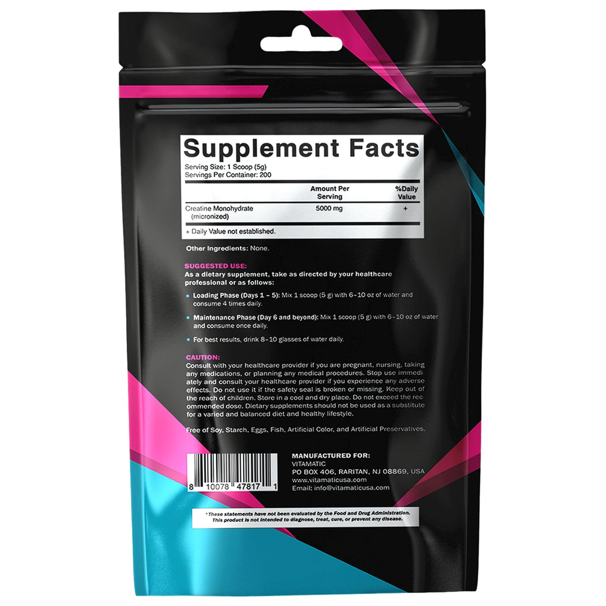 Vitamatic Creatine Monohydrate Powder – 5000 mg Per Serving, 1 kg, Unflavored, Micronized Creatine Supplement, Vegan, Non-GMO, Gluten Free