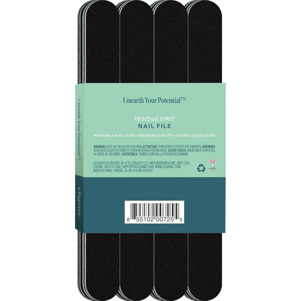 Cliganic 12 Pack Nail File Set: 180/240 Grit | Professional Emery Boards for Natural, Gel & Acrylic Nails | Washable Double Sided Kit | Cliganic 90 Days Warranty