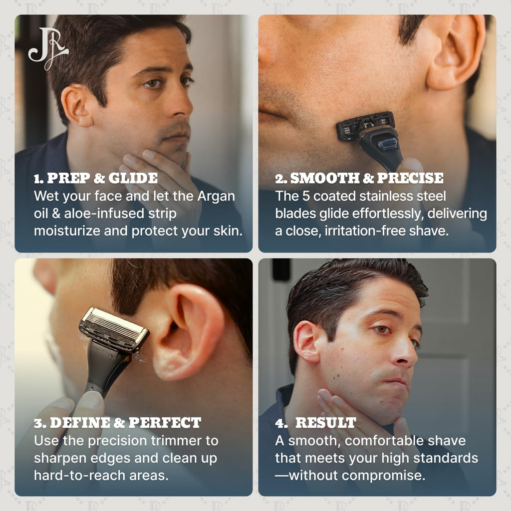 Jeremy's Razors for Men - Precision 5 Razor Blade Refills - 8 Cartridges (Fits All 2nd Gen Jeremy's Handles) - Precision Trimmer, Stainless Steel Design, Lubricating Strip - Men's Shaving Blades