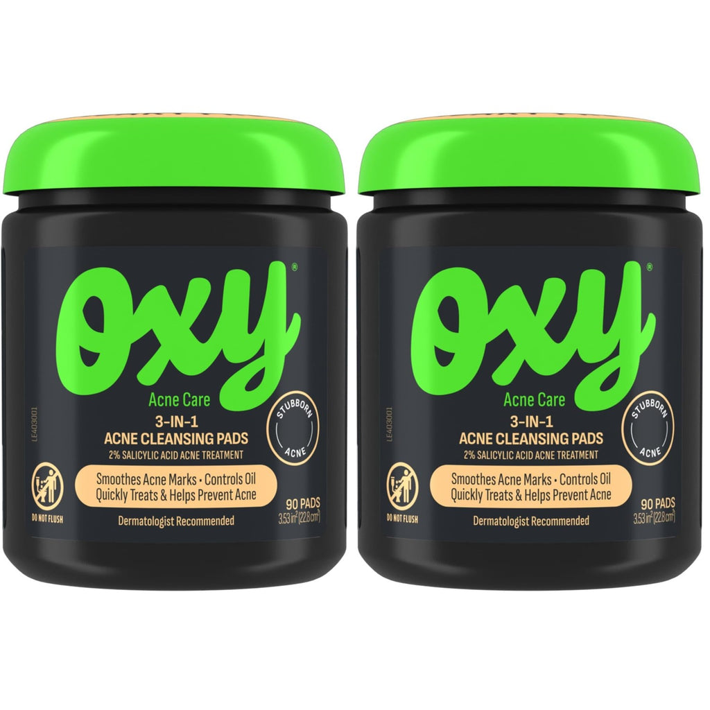 Oxy 3-IN-1 Acne Facial Cleansing Pads, Maximum Strength 2% Salicylic Acid Stubborn Acne Treatment, Controls Oil, Unclogs Pores, Smooths & Brightens Skin, Dermatologist Recommended, 90 Pads