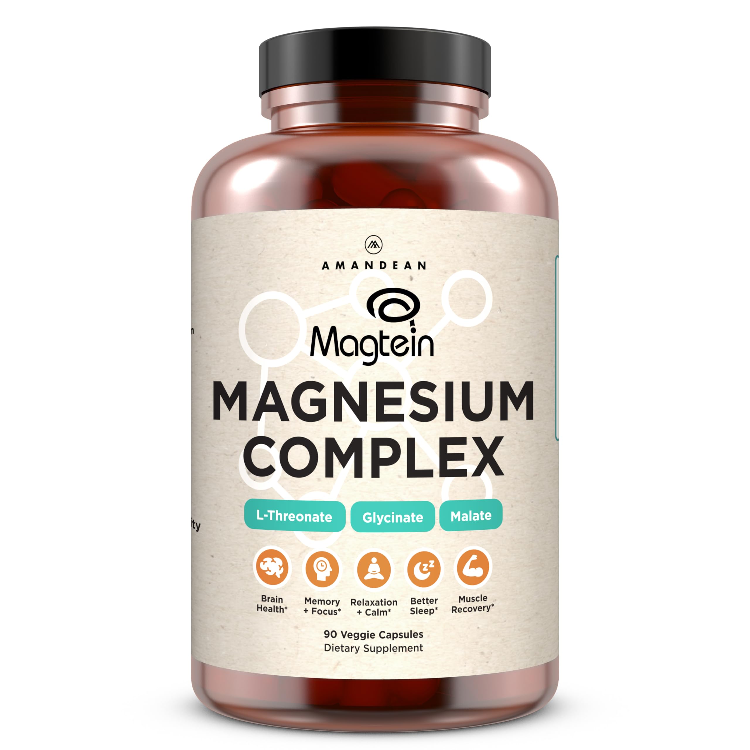 AMANDEAN Magtein Magnesium Complex: L-Threonate, Glycinate, Malate, 90ct | Magnesium L-threonate and glycinate + magnesium malate; 270mg elemental magnesium supplement; sleep, calm
