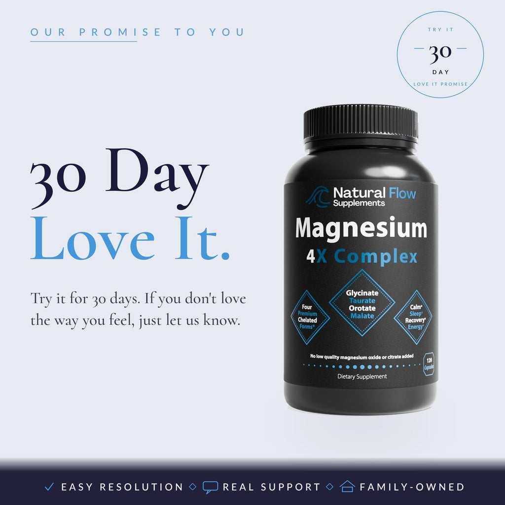 Natural Flow Magnesium Glycinate 4X Complex 200 mg Elemental, 120 Capsules | Plus taurate, malate, orotate. No oxide, no citrate. Use: evening wind-down, post-workout recovery, shift work, stress