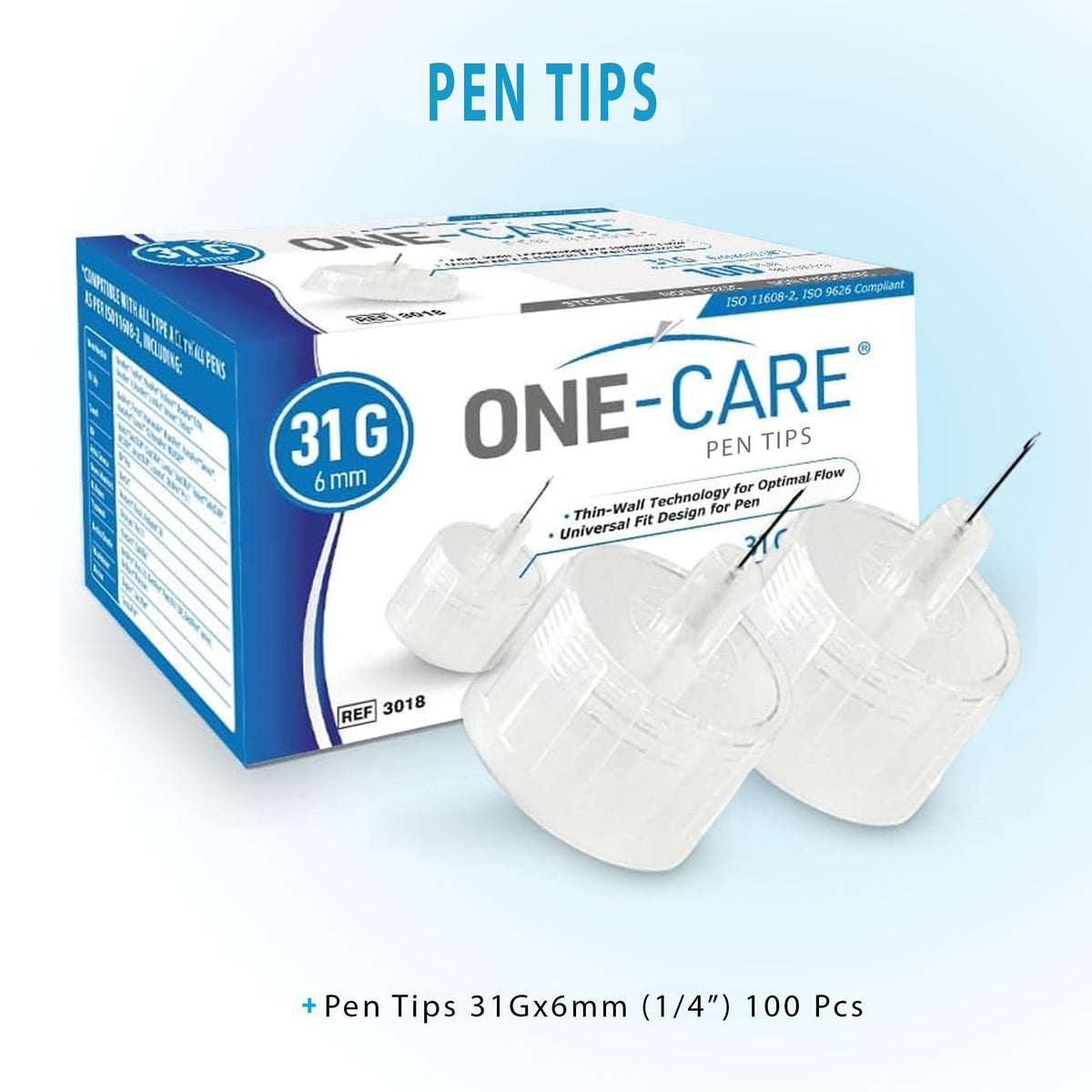ONE-CARE Pen Tips, 31G x 6mm, Ultra-Fine, Twist-On Design, 100 Count