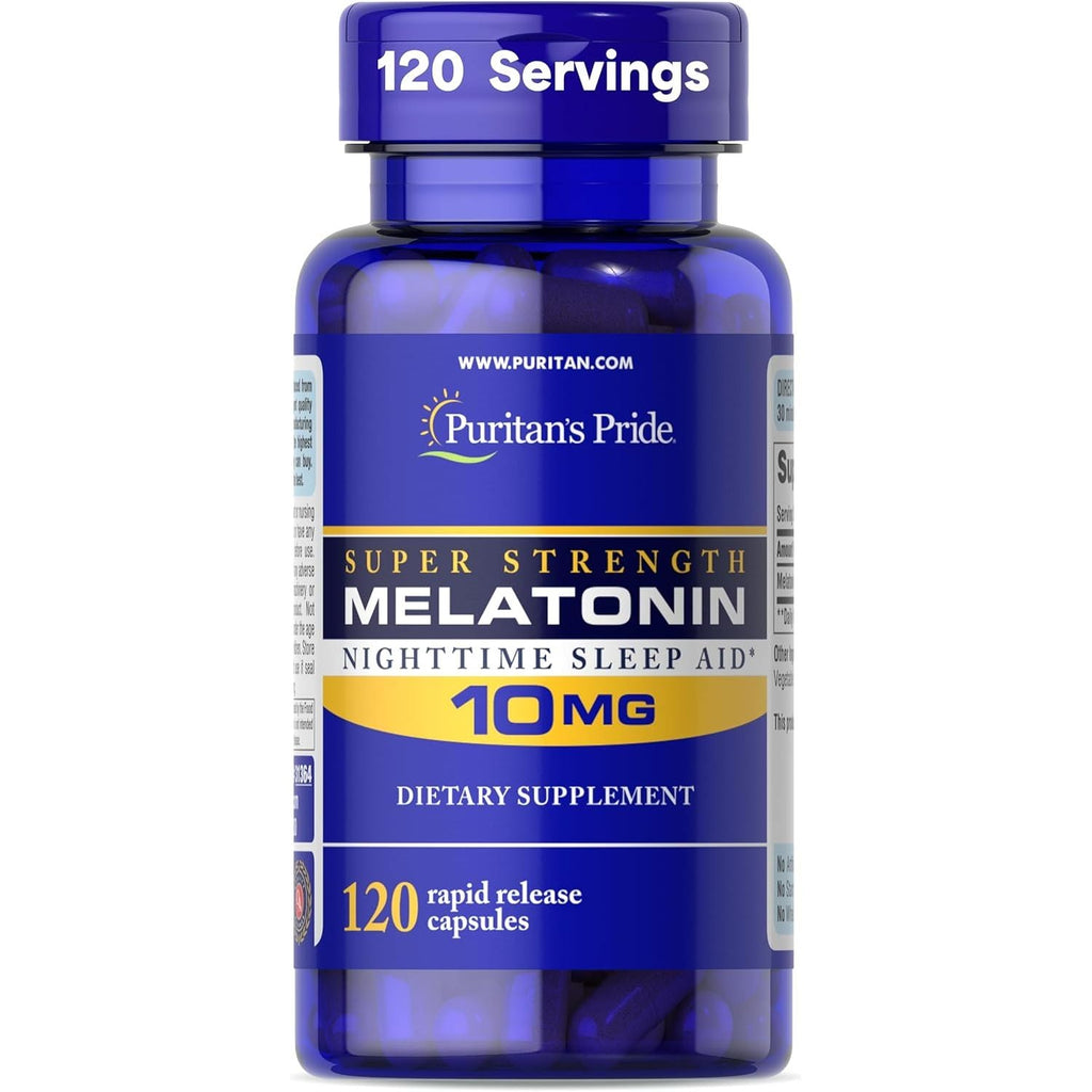 Buy now Puritan's Pride Premium Super Strength Melatonin 10mg Sleep Aid, Dietary Supplement for Sound, Restful, & Longer Sleep Support, 4 Month Supply, 120 Rapid Release Capsules, 2 Pack (Packaging May Vary) 120 Count (Pack of 1) at indiglob india