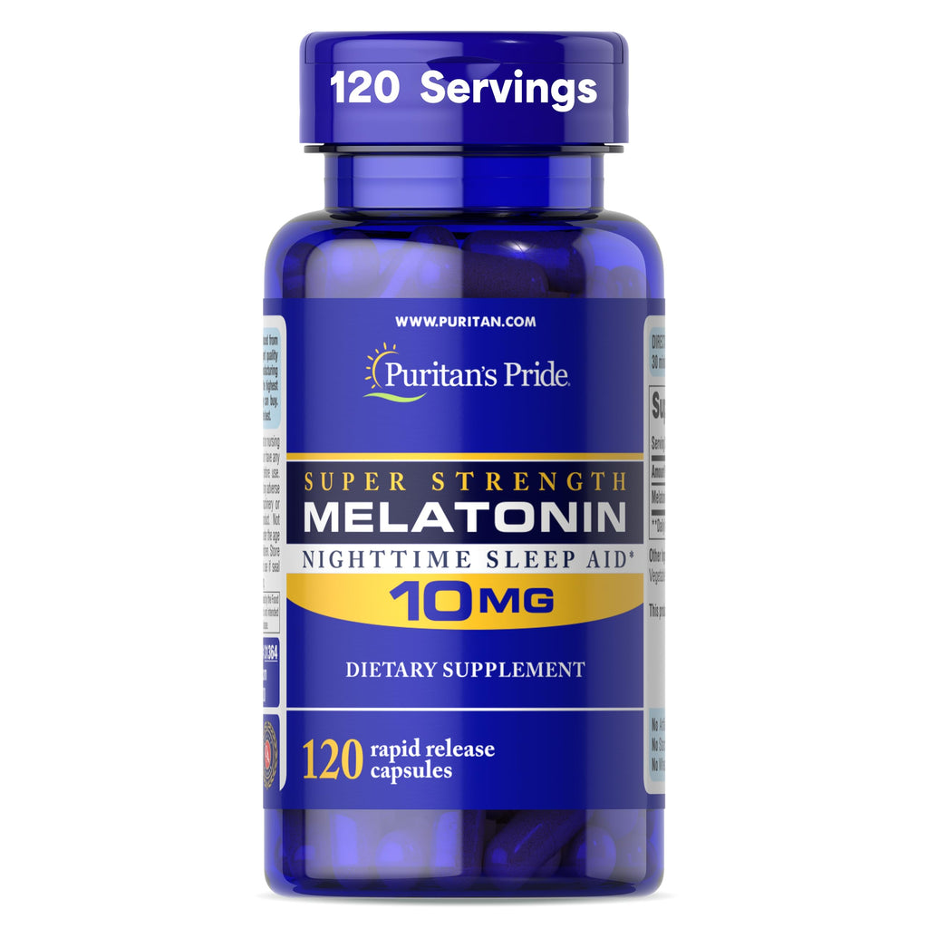 Puritan's Pride Premium Super Strength Melatonin 10mg Sleep Aid | Dietary Supplement for Sound, Restful, and Longer Sleep Support, 4 Month Supply, 120 Rapid Release Capsules