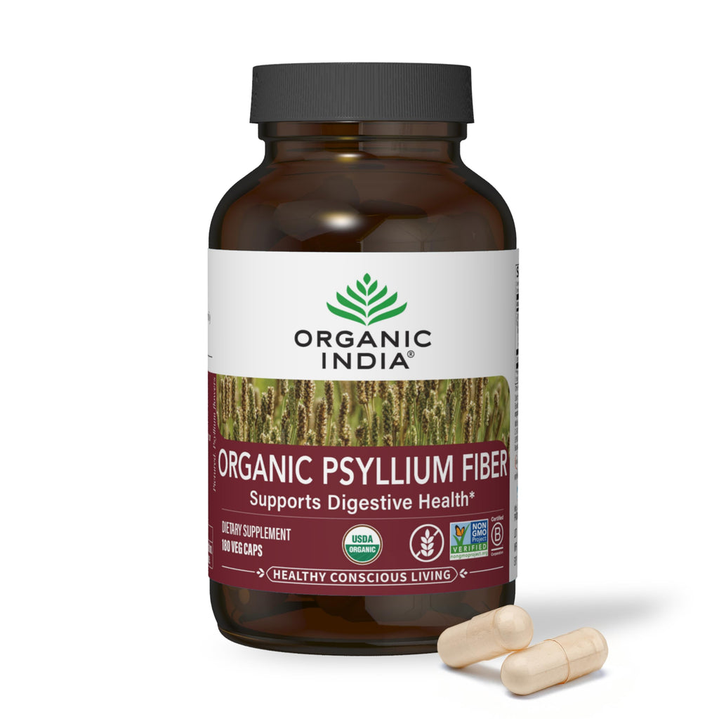 ORGANIC INDIA Psyllium Herbal Powder - Whole Husk Fiber, Healthy Elimination, Keto Friendly, Vegan, Gluten-Free, USDA Certified Organic, Non-GMO, Soluble & Insoluble Fiber Source - 180 Capsules