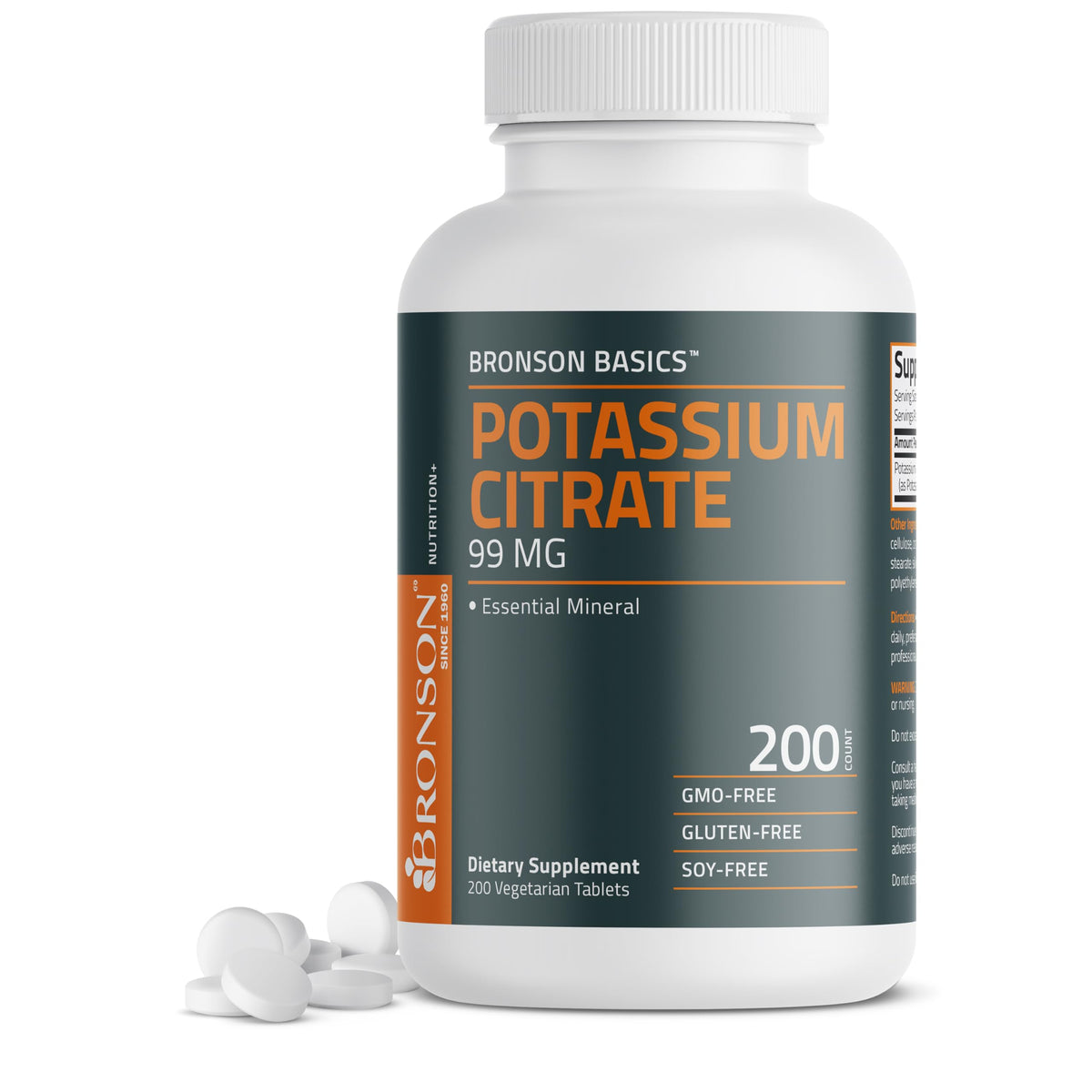 Bronson Potassium Citrate 99 mg, 200 Vegetarian Tablets
