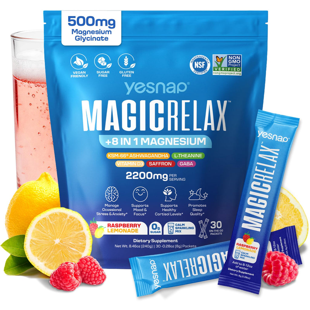 MAGICRELAX 8-in-1 Magnesium Glycinate Calm Powder Drink Mix Cortisol Reducer Supplement for Stress Mood & Sleep aid with KSM-66 Ashwagandha Saffron GABA L-Theanine Sugar Free Raspberry Lemon