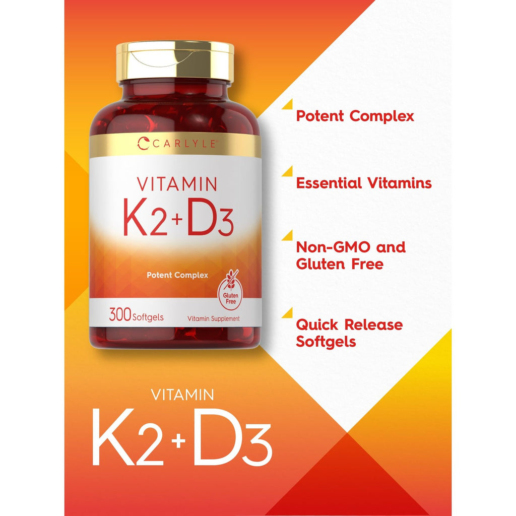 Carlyle Vitamin K2 D3 Supplement | 300 Softgels | 200mcg K2 MK7 & 10,000 IU D3 | Non-GMO, Gluten Free