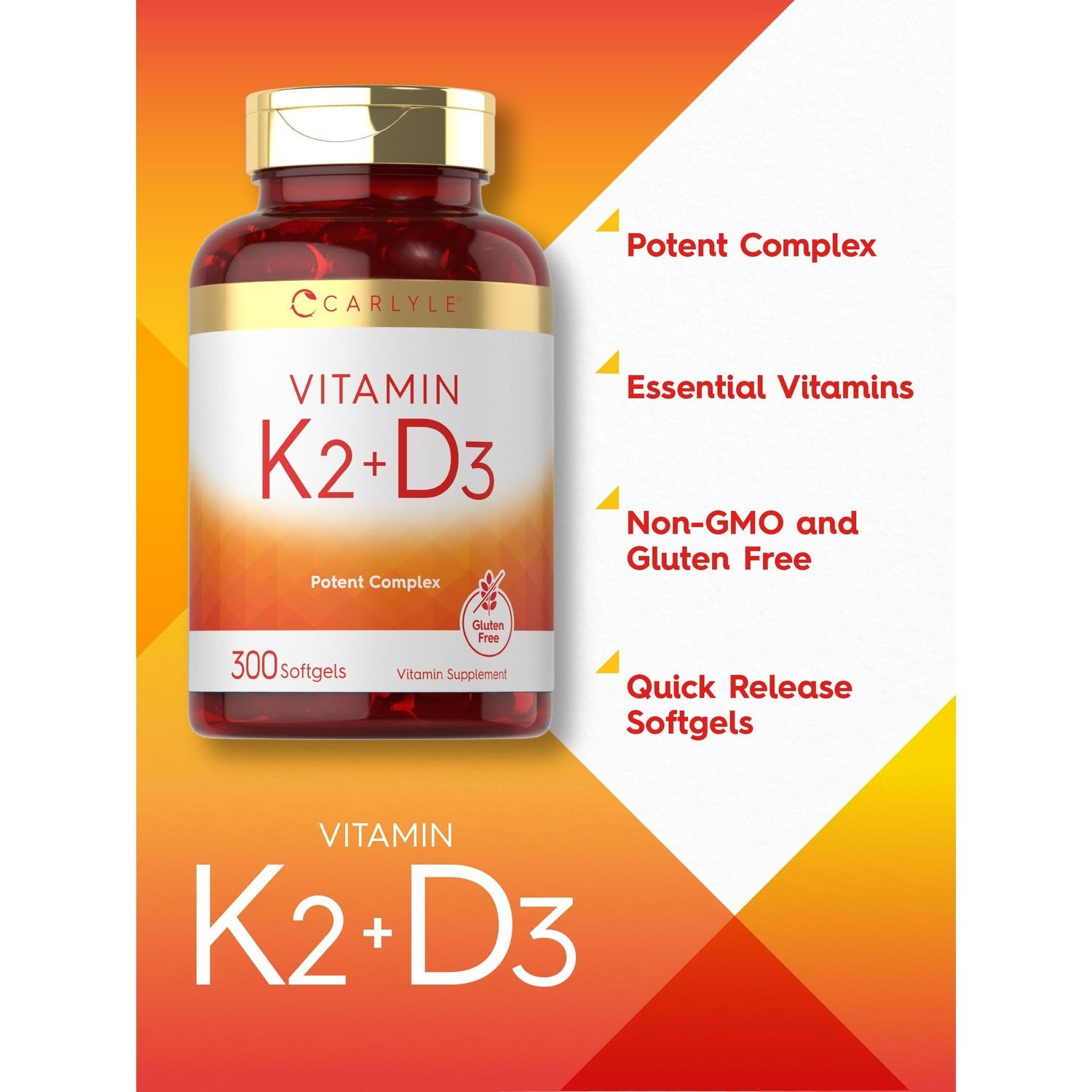Carlyle Vitamin K2 D3 Supplement | 300 Softgels | 200mcg K2 MK7 & 10,000 IU D3 | Non-GMO, Gluten Free