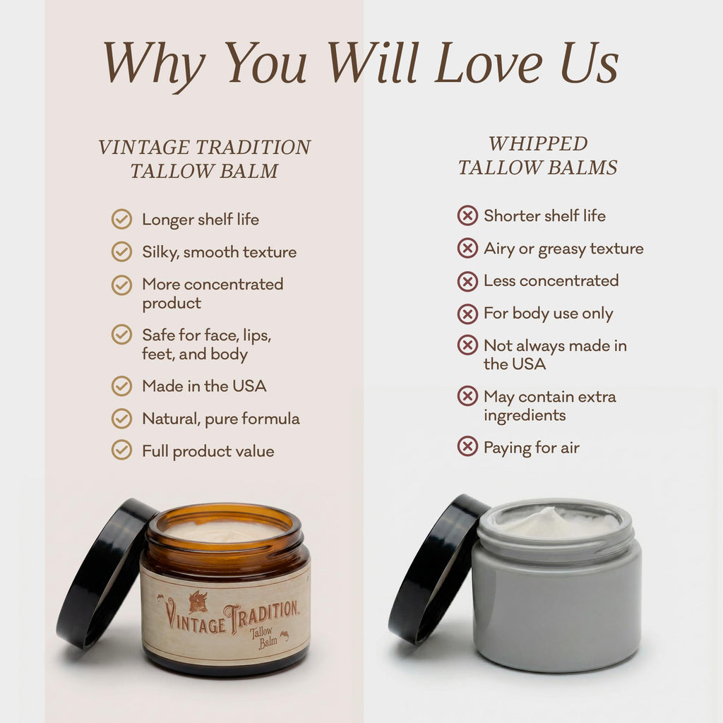 Buy now Vintage Tradition Beef Tallow All Purpose Balm - Healing, Hydrating Weather-Protecting Skin Care Salve Replaces Body Lotion, Hand Cream, More - Essential Oil, Olive Oil, and Grass-Fed Tallow, 2 fl oz. at indiglob india