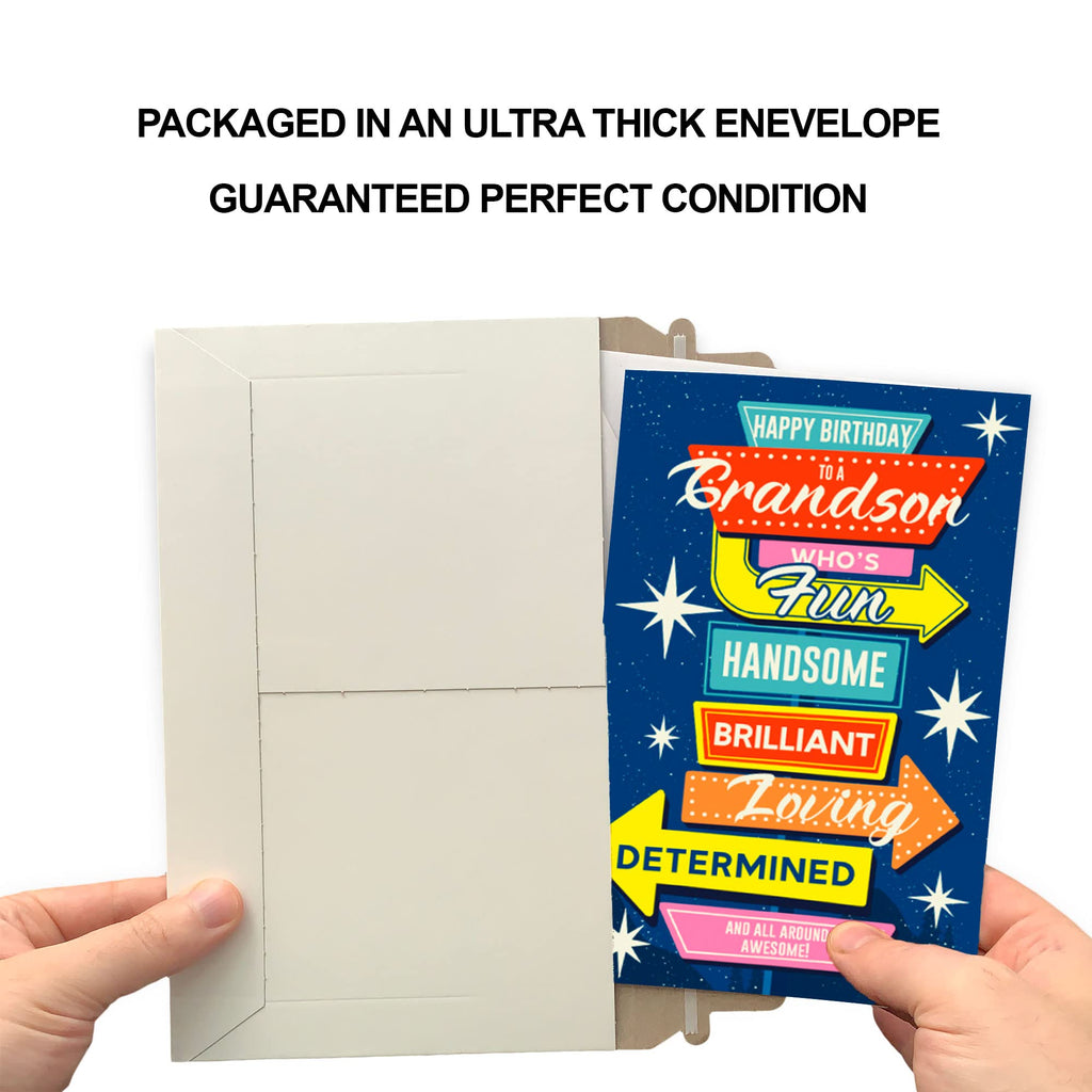 Prime Greetings Birthday Card For Grandson, Made in America, Eco-Friendly, Thick Card Stock with Premium Envelope 5in x 7.75in, Packaged in Protective Mailer