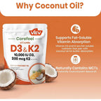 VEV Corefeel Vitamin D3 K2 10,000 IU, 200 mcg MK-7, 300 Coconut Oil Softgels