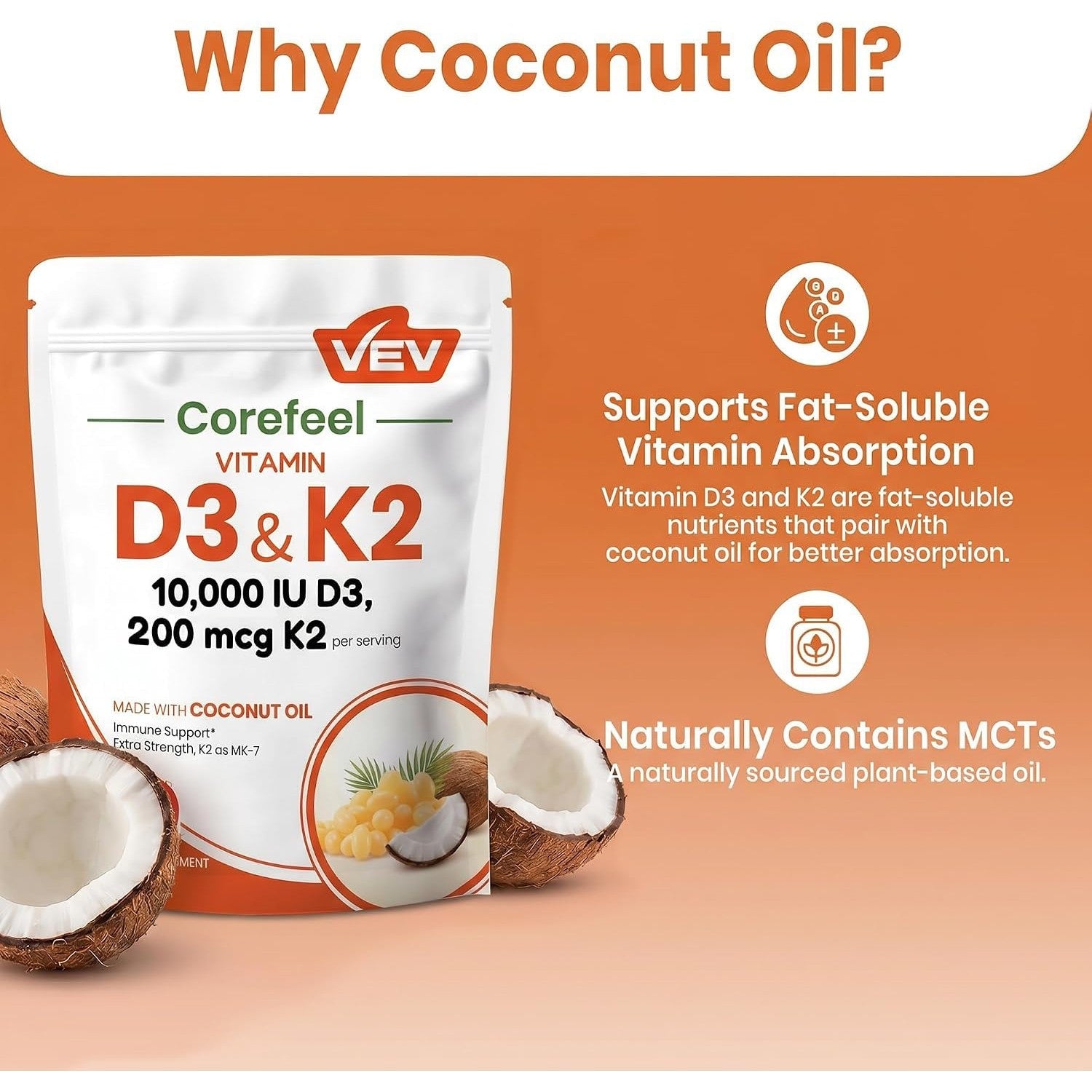 VEV Corefeel Vitamin D3 K2 10,000 IU, 200 mcg MK-7, 300 Coconut Oil Softgels