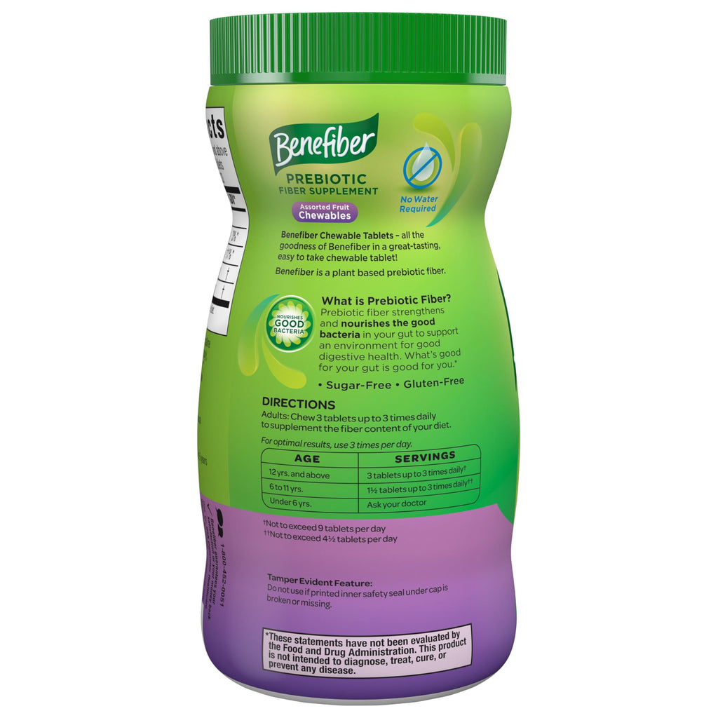 Benefiber Chewable Prebiotic Fiber Tablets, Assorted Fruit Flavors, 100 Ct | Plant-based Prebiotic Fiber, Supports Gut Health by Nourishing Good Gut Bacteria, GLP-1 Support for Digestive Health