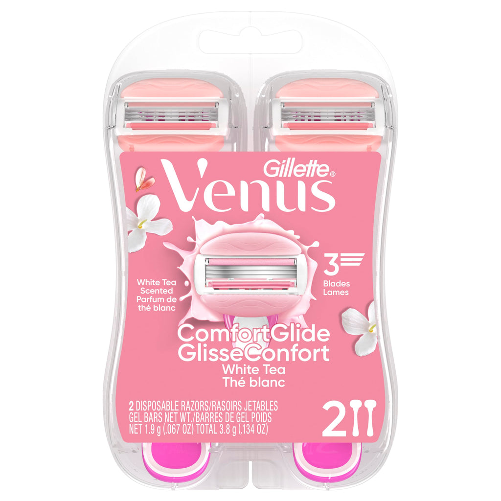 Gillette Venus ComfortGlide Disposable Razors for Women, 2 Count, White Tea Scented Moisture Bars for a Smooth Shave