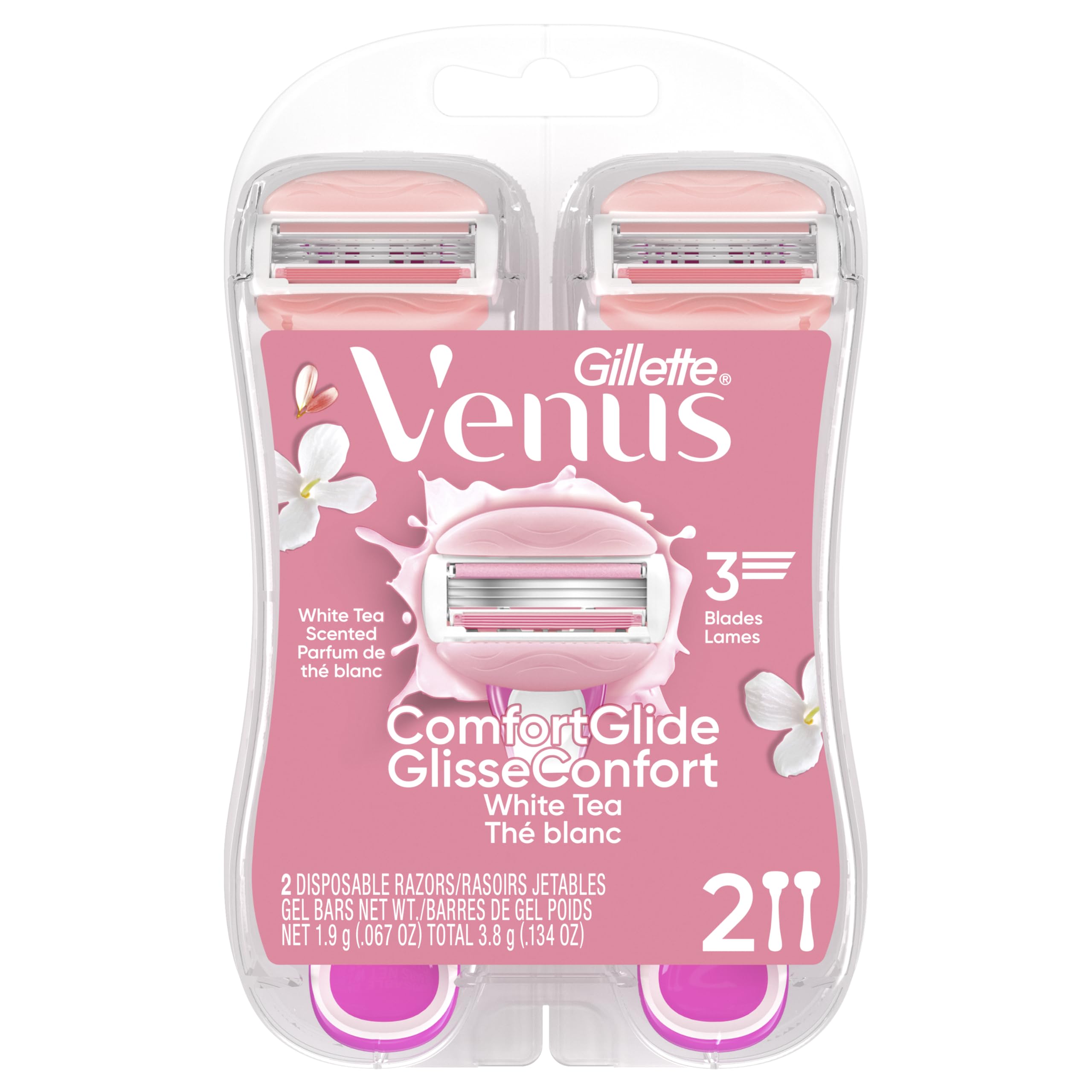 Gillette Venus ComfortGlide Disposable Razors for Women, 2 Count, White Tea Scented Moisture Bars for a Smooth Shave