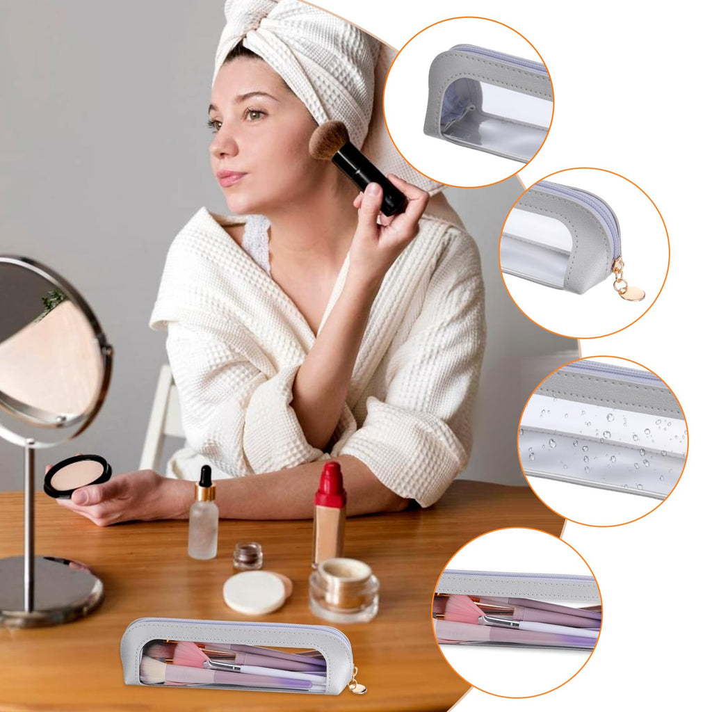 Stylish small clear makeup bag in PU leather. Ideal for cosmetics, organized storage. Verified by CuratCart for trust.