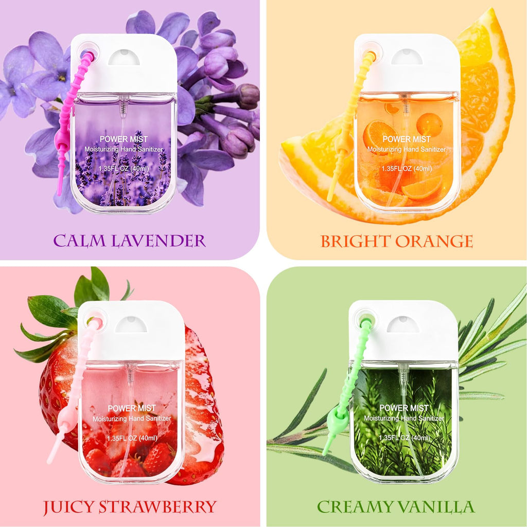 4Pack Hand Sanitizer Spray Keychain, Mini Travel-Size Portable Power Mist Sprayer for Women Teens Kids, Enriched with Mineral Oil & Aloe Vera for Moisturizing (Vanilla, Strawberry, Orange, Lavender)