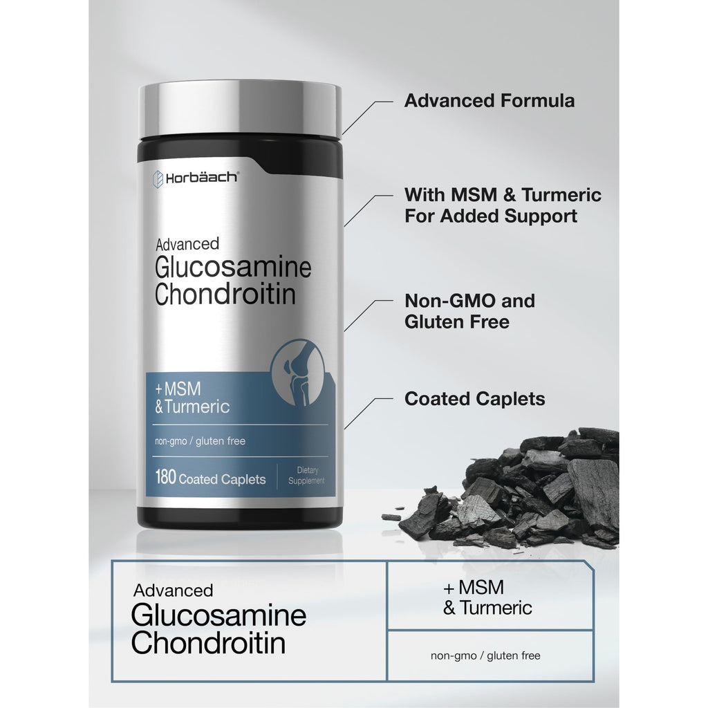 Horbäach Glucosamine Chondroitin | Plus MSM & Turmeric | 180 Coated Caplets | Non-GMO, Gluten Free Supplement