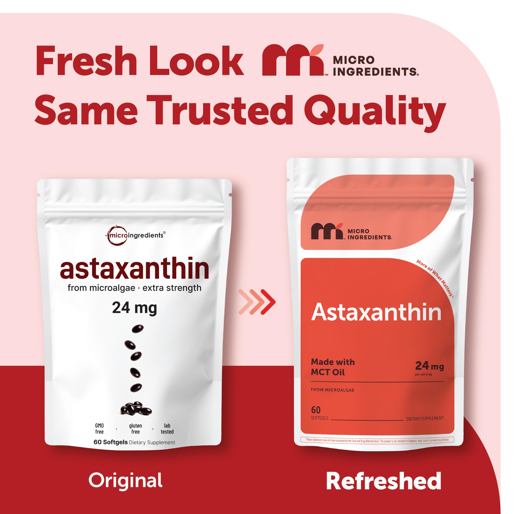 Micro Ingredients Astaxanthin 24mg Per Serving with MCT Oil, 60 Softgels | 2 Month Supply. Natural Microalgae Sourced Astaxanthin Supplement. Easy-to-Swallow. Non-GMO, Gluten Free, Soy Free.