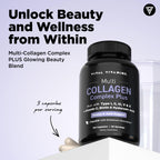 Vital Vitamins Multi Collagen Complex Plus Biotin, Hyaluronic Acid & VIT. C | Hair, Skin, & Nails Supplements for Women and Men, 5 Collagen Types I II III V & X, 150 Capsules