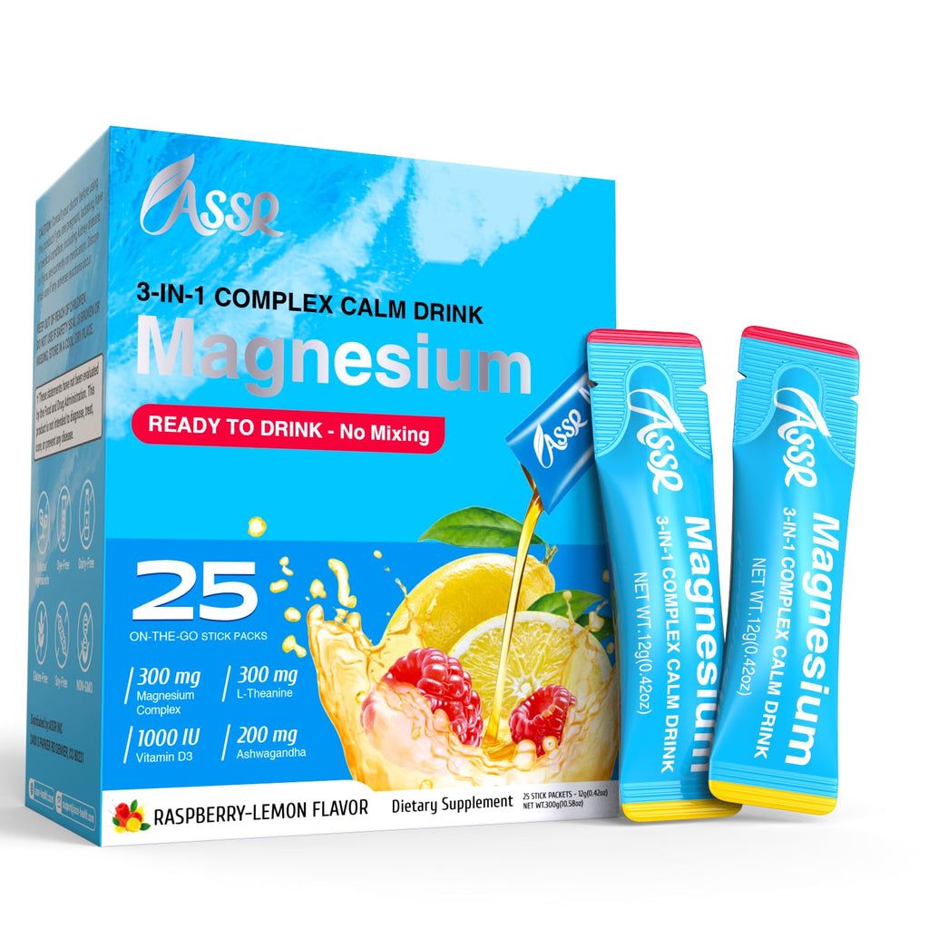 ASSR Supplement Ready to Drink No Mix, Triple Magnesium Glycinate, Malate, Citrate, Ashwagandha, L Theanine, Vitamin D, 25ct