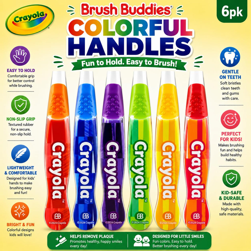 Brush Buddies Crayola Kids Toothbrush Set 6 Pack Soft Bristle Toddler Toothbrush Ages 2+ Small Head Easy Grip Handle Colorful Design Children Toothbrushes Kids Oral Care Daily Use Home Travel Set