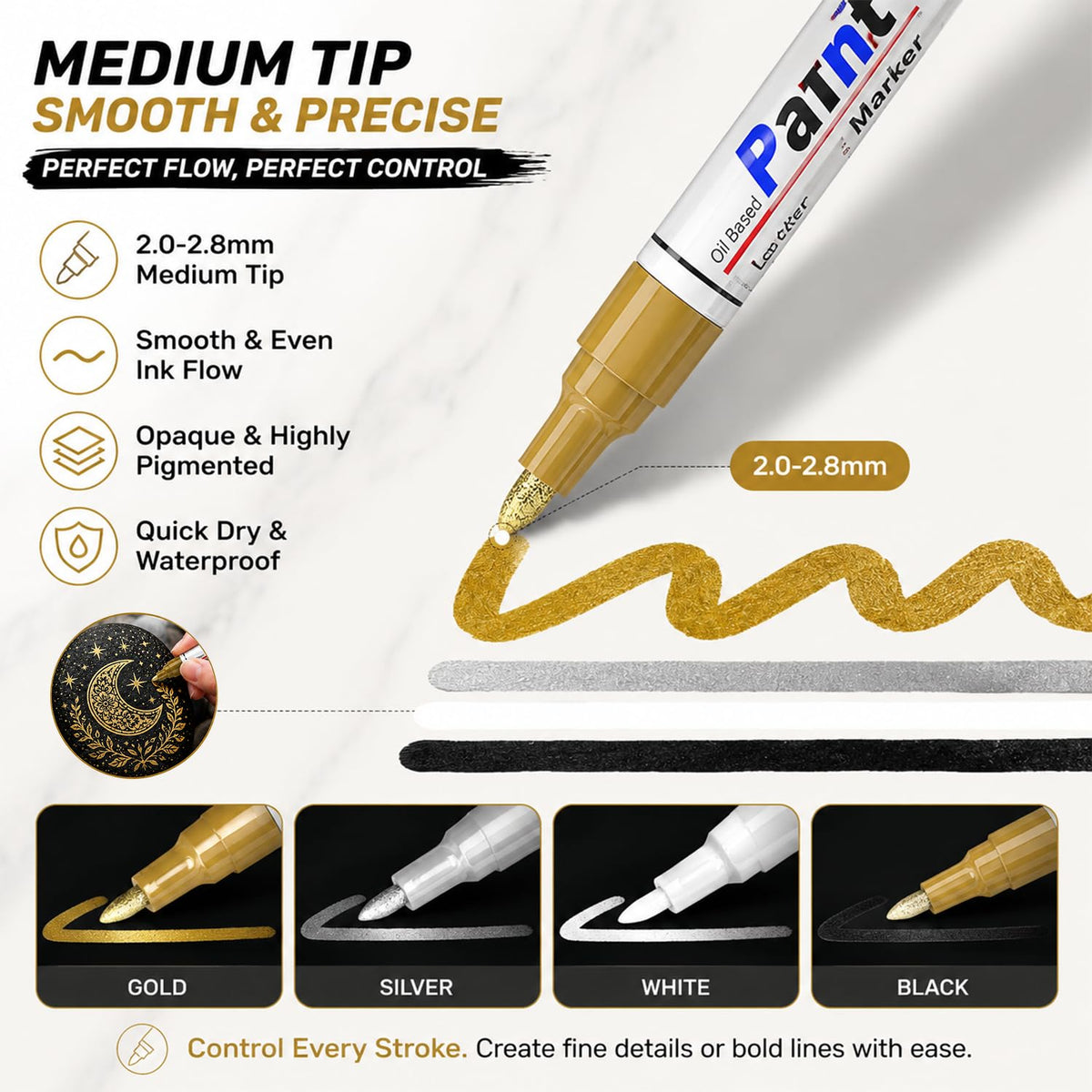 Paint Markers 4 Colors Oil Based Paint Pens – Gold, Silver, Black & White Permanent Paint Marker Set for Metal, Wood, Glass, Rock, Fabric – Waterproof Quick Dry, Easter Egg Decorating & DIY Crafts