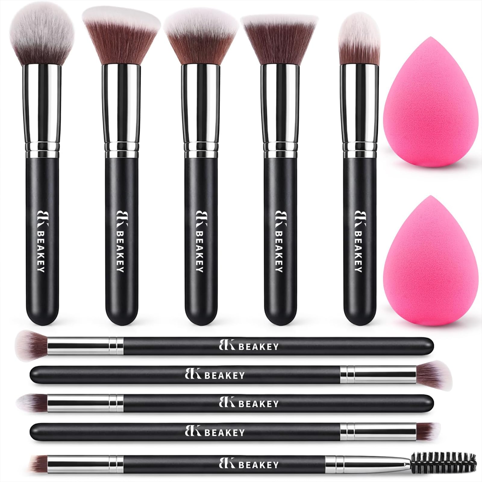 BEAKEY Makeup Brushes set with 2 Blending Sponges,10 Brush Face and Eye Set | Beginner-friendly face and eye tools with soft synthetic fibers for light,buildable coverage from foundation to eyeshadow