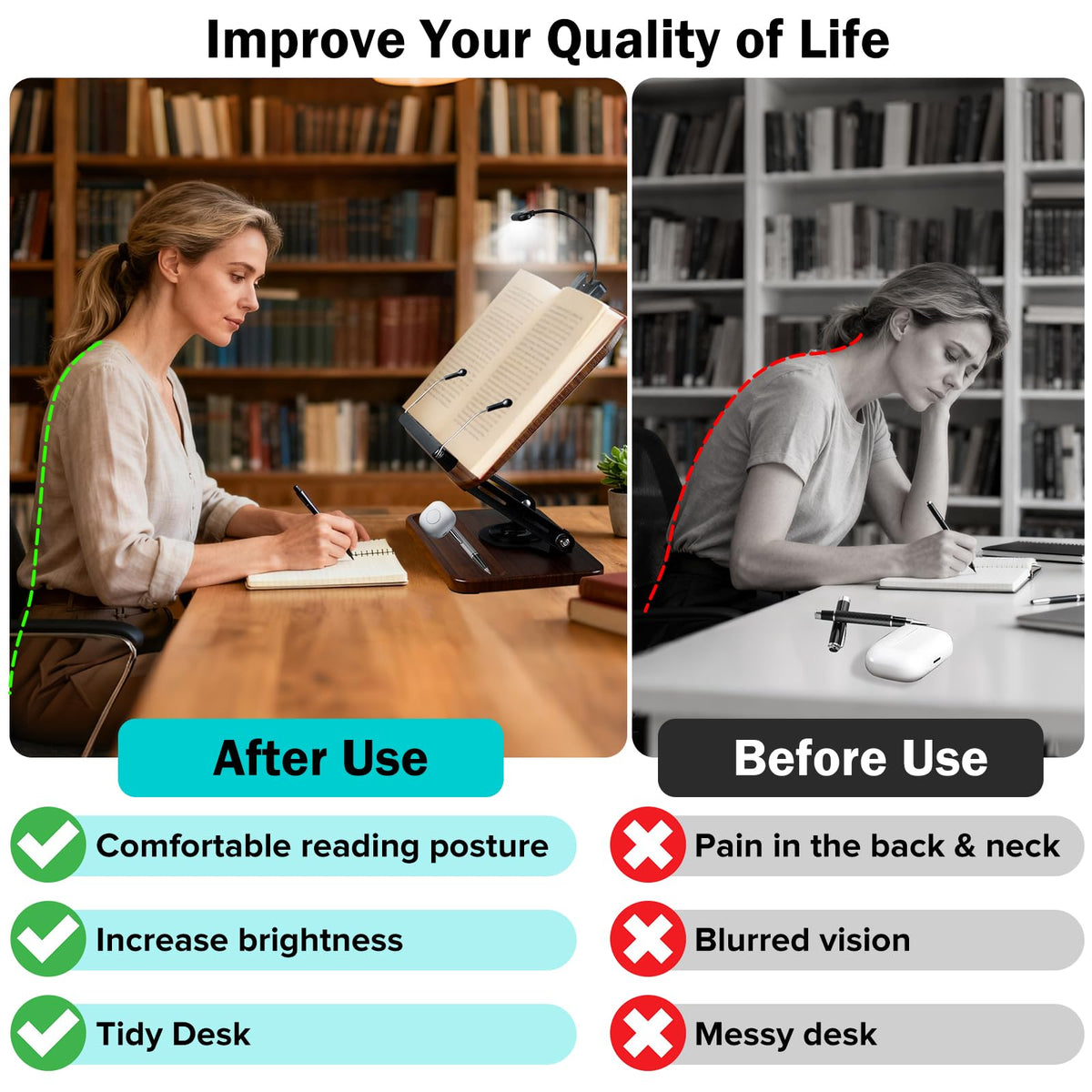 Book Stand with Light & Storage, Book Holders for Reading Hands Free