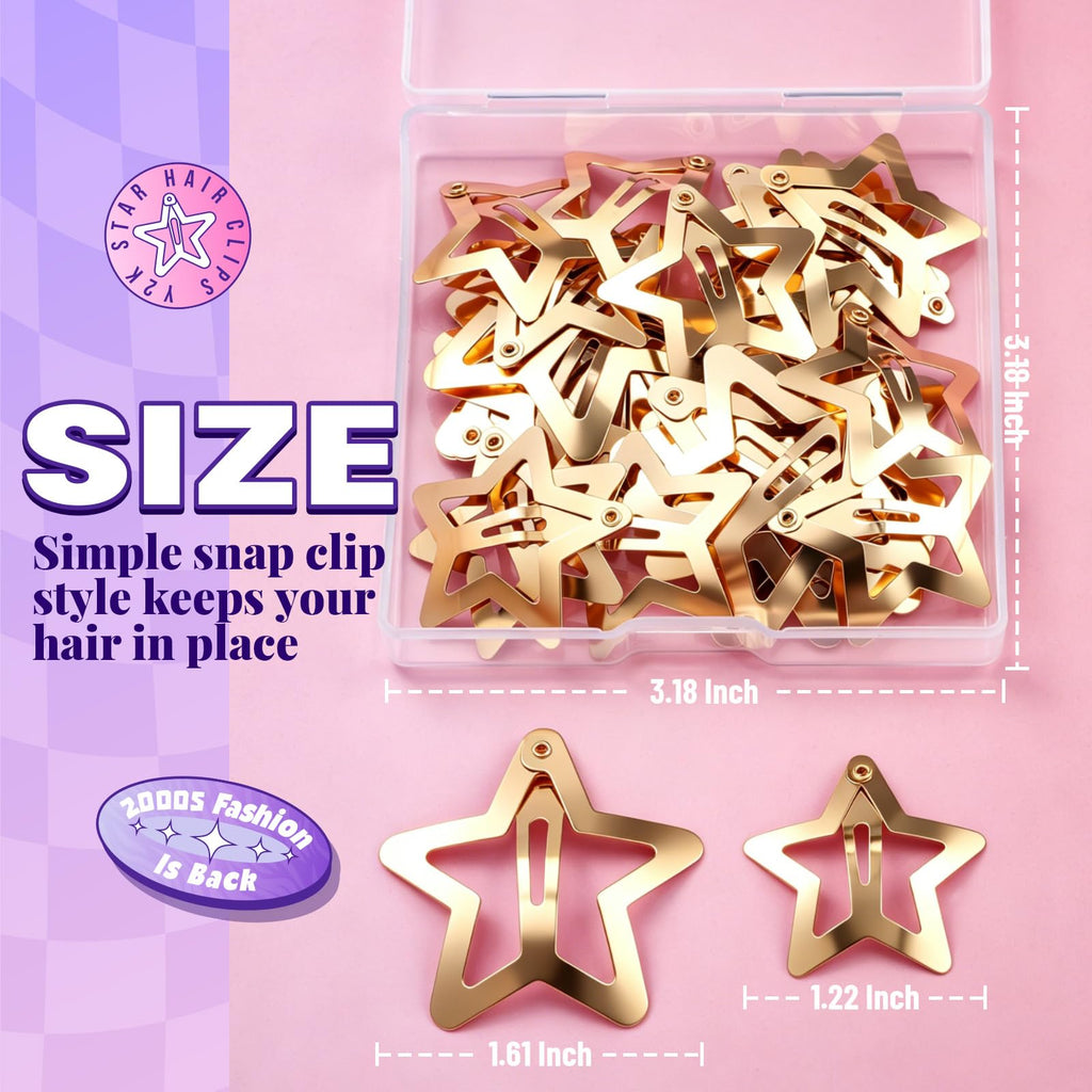 YGDZ Star Hair Clips Y2K Hair Barrettes, 20 PCS Gold 1.22" Y2K Hair Accessories, 10 PCS 1.61" Metal Snap Hair Clips for Girls Women, for Rave outfits, Concert