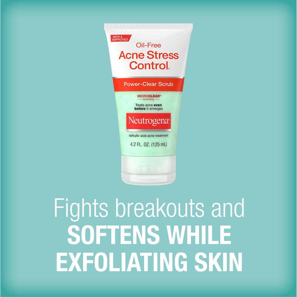 Neutrogena Oil Free Acne Stress Control Power Clear Face Scub, 4.2 fl oz | 2% Salicylic Acid, Acne-Prone Skin, Exfoliating Daily Facial Scrub