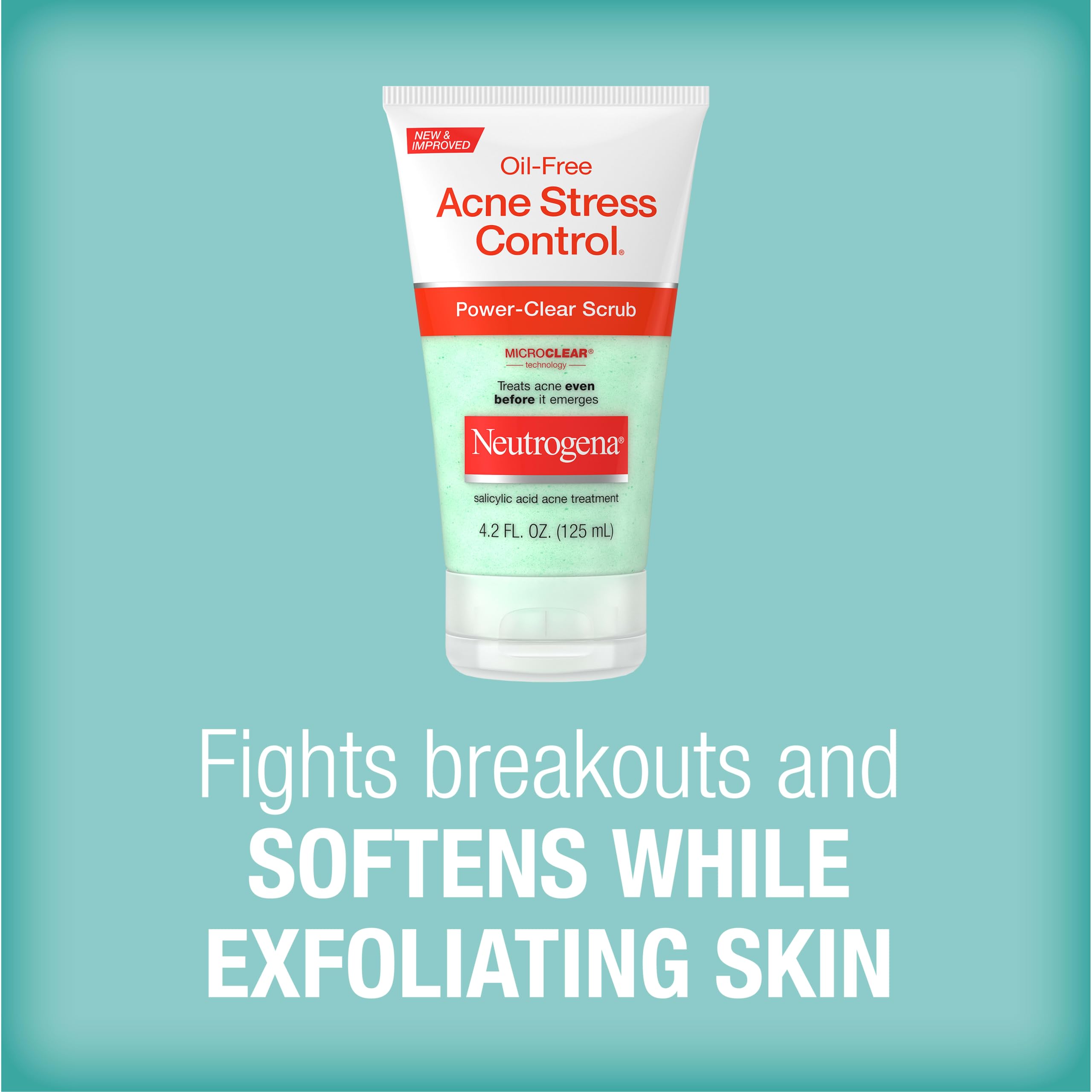 Neutrogena Oil Free Acne Stress Control Power Clear Face Scub, 4.2 fl oz | 2% Salicylic Acid, Acne-Prone Skin, Exfoliating Daily Facial Scrub