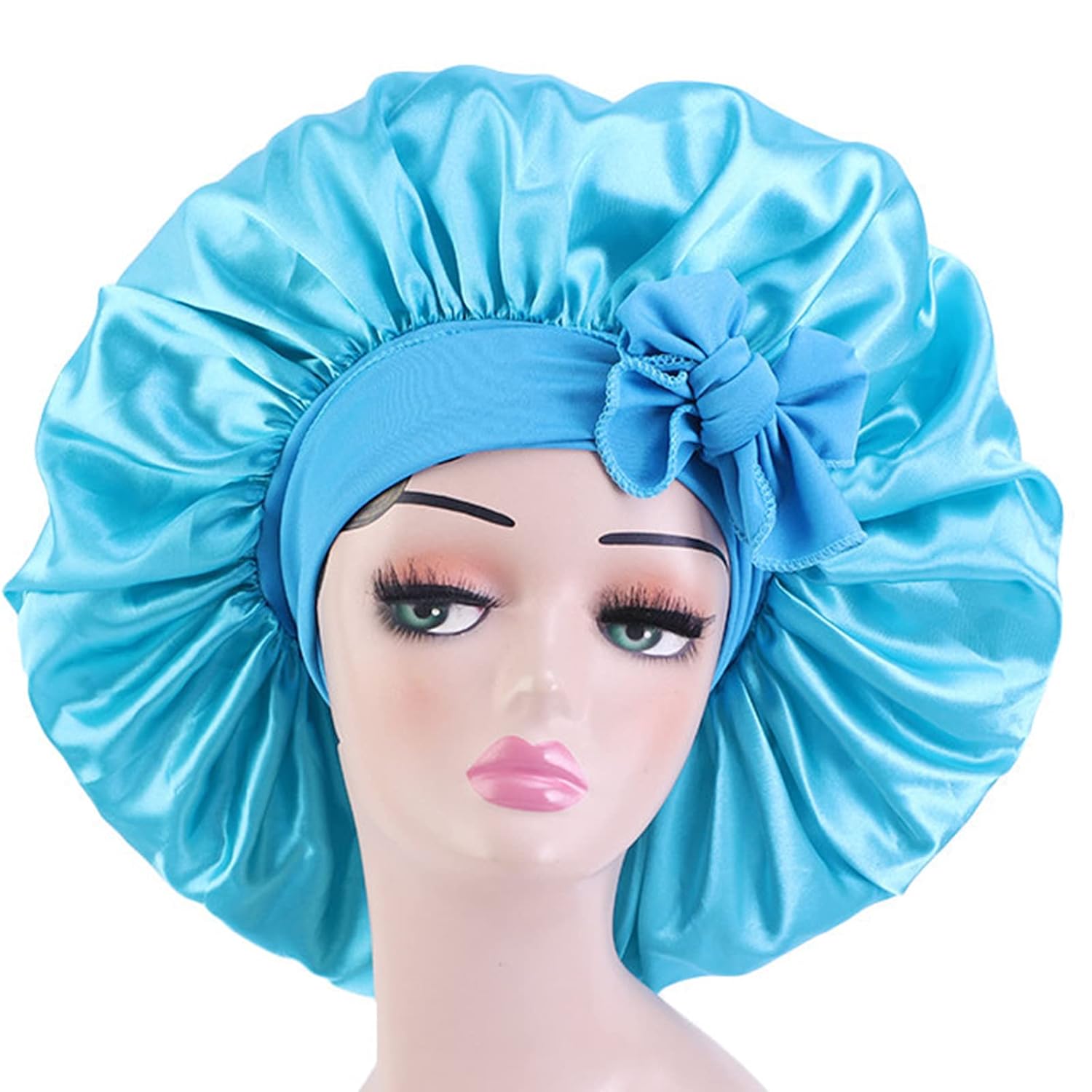Buy now Satin Bonnet Silk for Hair Sleeping: Women Tie Bonnets Adjustable Night Cap Jumbo Size Comfortable Wide Band for Braids Curly Long Hair (Black) XX-Large L.Blue at indiglob india