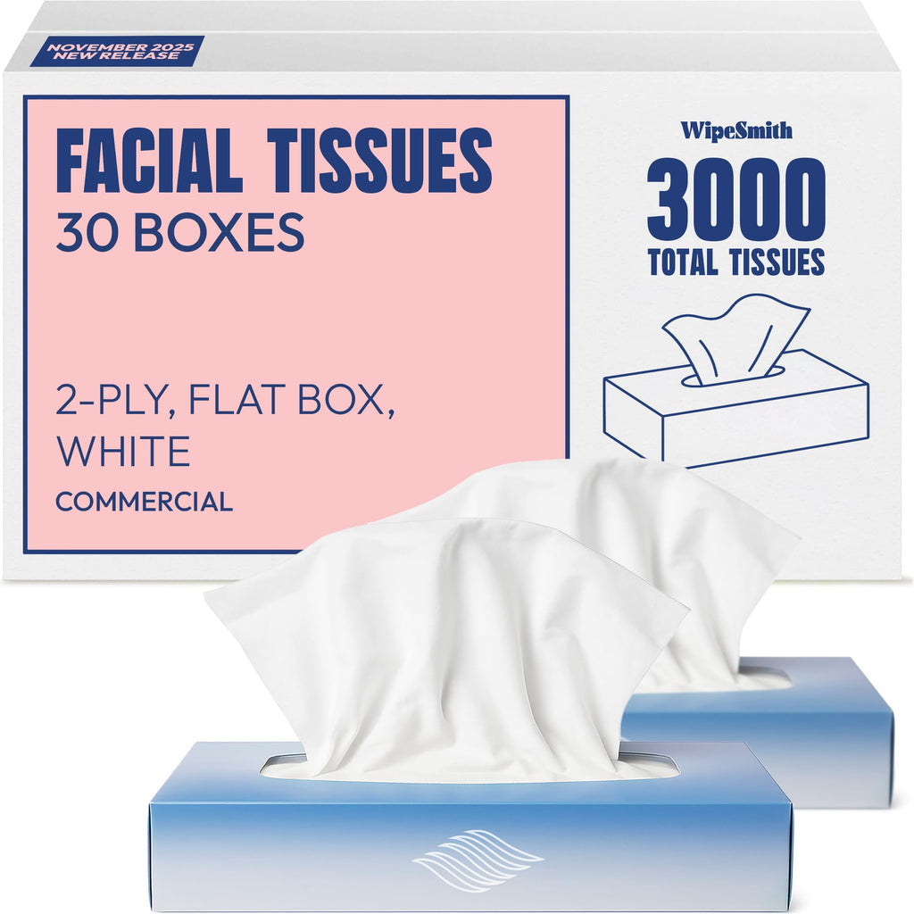 Bulk Tissues, 30 Flat Boxes, 100 Sheets/Box, 3000 Facial Tissues Total, 2-Ply, Soft, White, for Office, Business & Home, Commercial Flat Box Tissues, Hypoallergenic, Unscented, Packaging May Vary