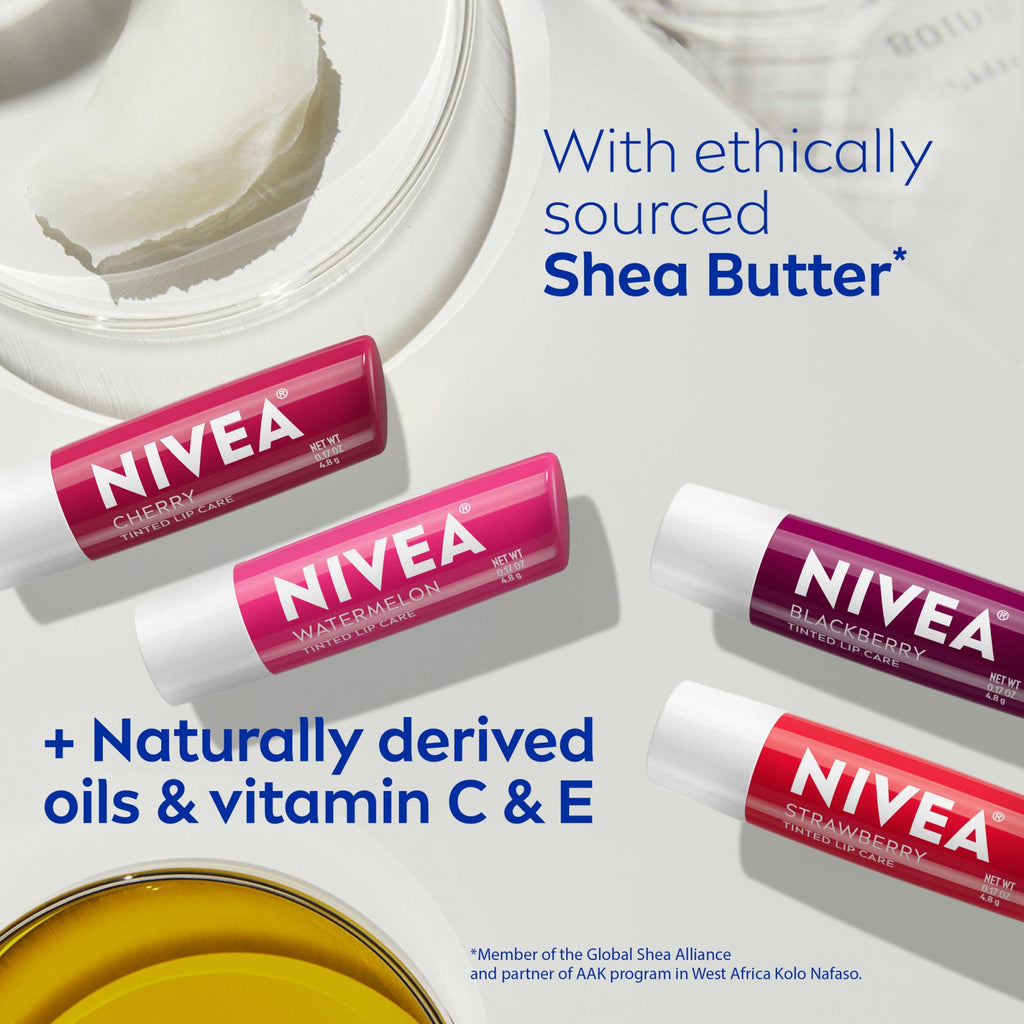 Buy now NIVEA Lip Care, Fruity Tinted Lip Balm Variety Pack, Cherry, Strawberry, Blackberry and Watermelon Flavors, 3-in-1 Moisture, Repair and Color, 0.17 Oz Stick, Pack of 4 at indiglob india