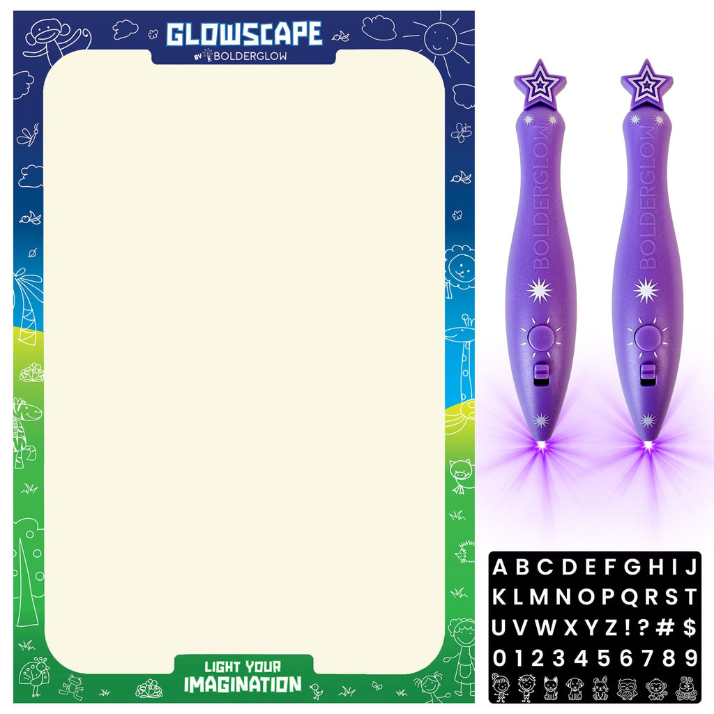 Bolderglow Glowscape - Light Reactive Drawing Surface 36 x 24 inches Super Bright Glow Effect with 2 Included Purple-Light LED Pens