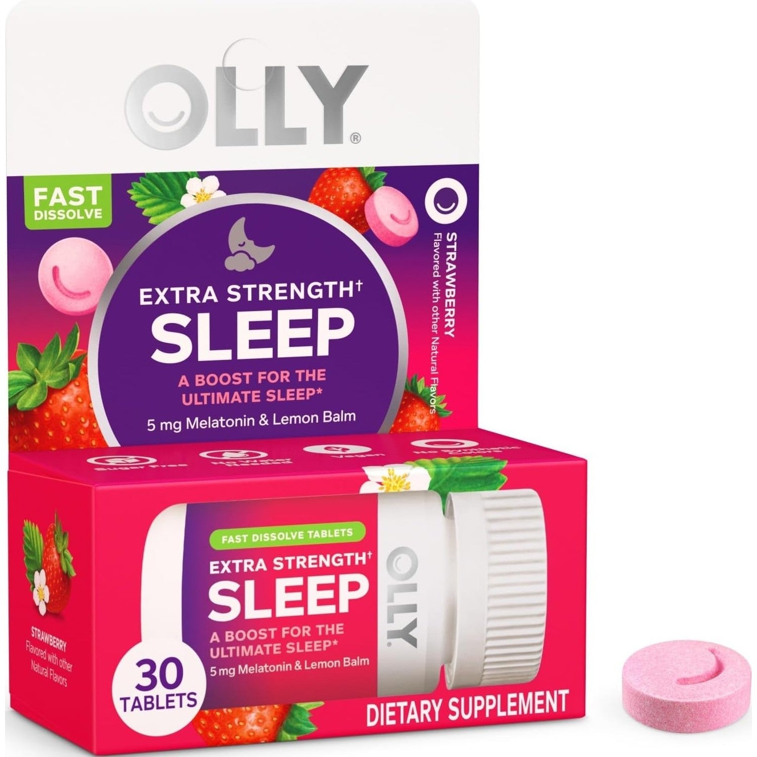 OLLY Extra Strength Sleep Fast Dissolve Tablets, 5mg Melatonin, Vegan, Strawberry - 30ct