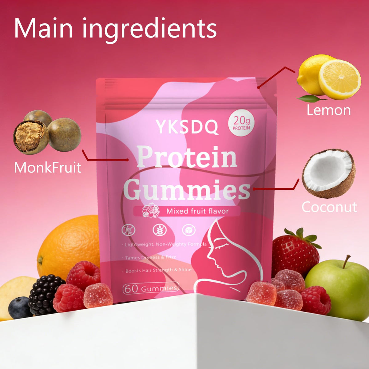 Protein Gummies for Women & Men, 20g Protein per Serving, Zero Sugar, Vegan, Supports Hair Skin Nails Health with Collagen, Energy Boosting Supplement, Mixed Berries Flavor, 60 Gummies (1) (1)