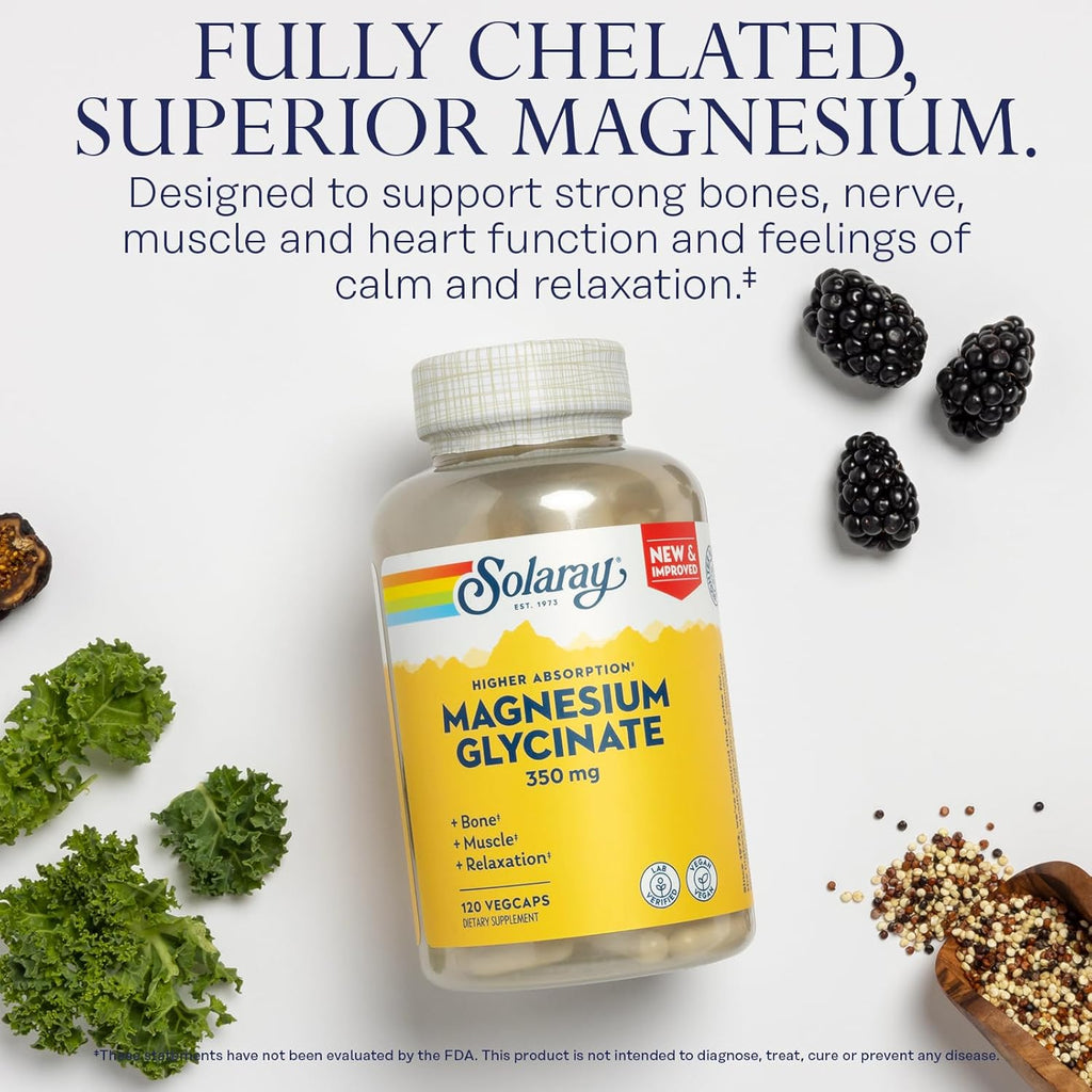 Buy now SOLARAY Magnesium Glycinate Capsules, Chelated Magnesium Bisglycinate w/BioPerine, Higher Absorption Magnesium Supplement - Bones, Muscles, Heart Support, Vegan (30 Servings, 120 VegCaps) at indiglob india