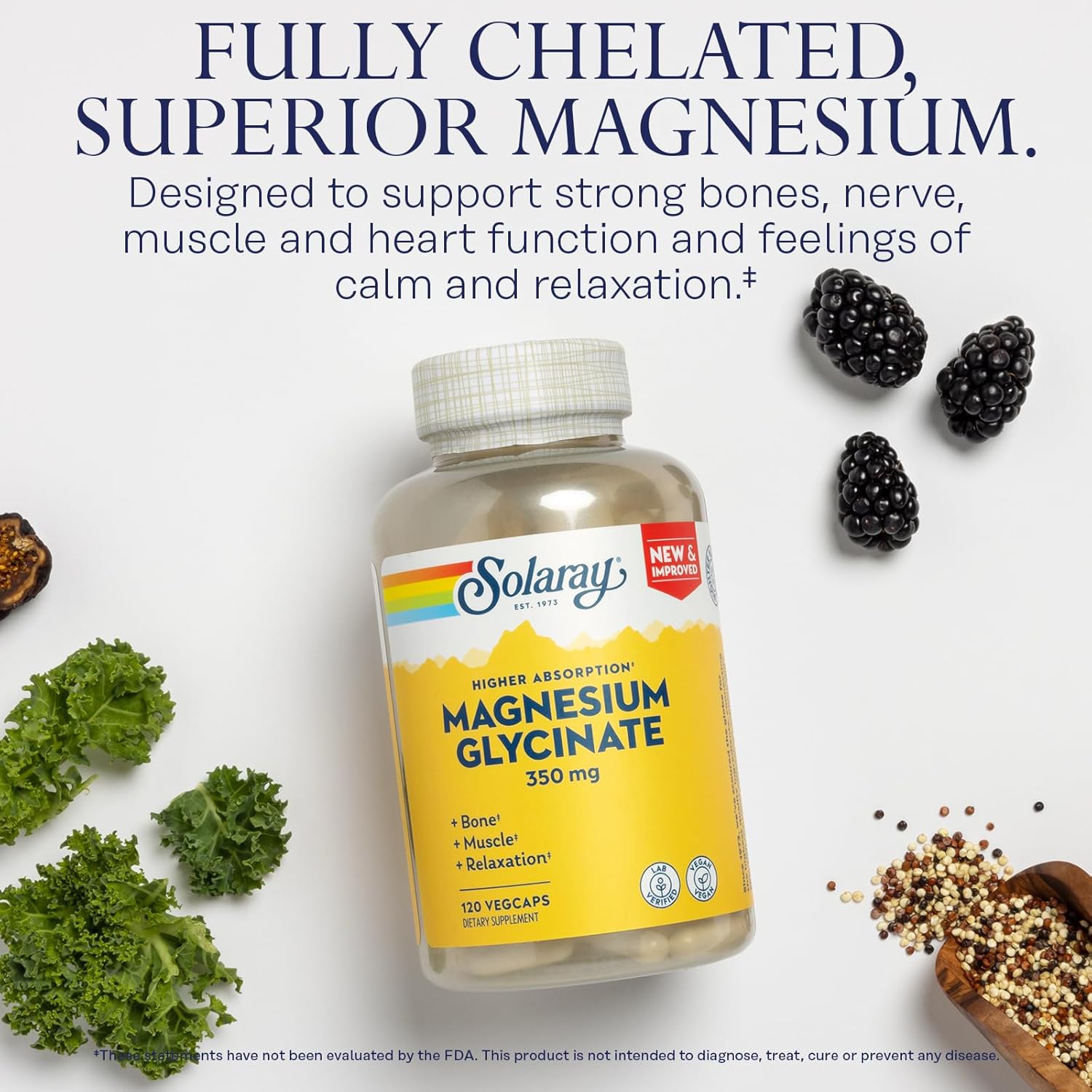 Buy now SOLARAY Magnesium Glycinate Capsules, Chelated Magnesium Bisglycinate w/BioPerine, Higher Absorption Magnesium Supplement - Bones, Muscles, Heart Support, Vegan (30 Servings, 120 VegCaps) at indiglob india