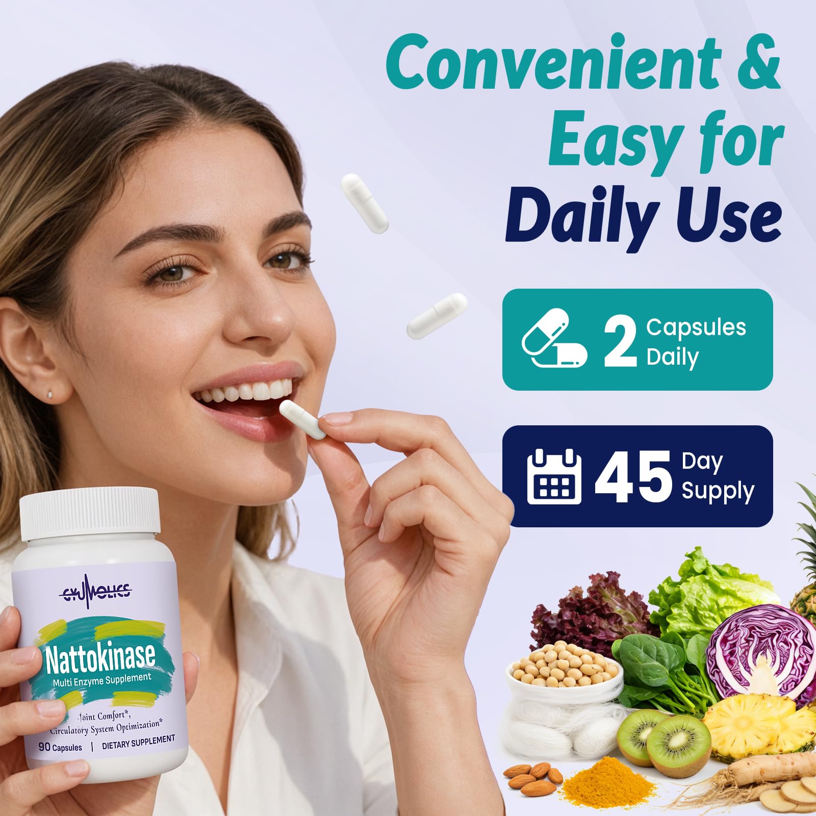 Nattokinase Supplement 10000 Fu Organic Nattokinase 90 Capsules | Multi-Enzyme Supplement with Serrapeptase, Bromelain, Curcumin, Vitamin E & Ginseng, for Movement Comfort & Body Circulation