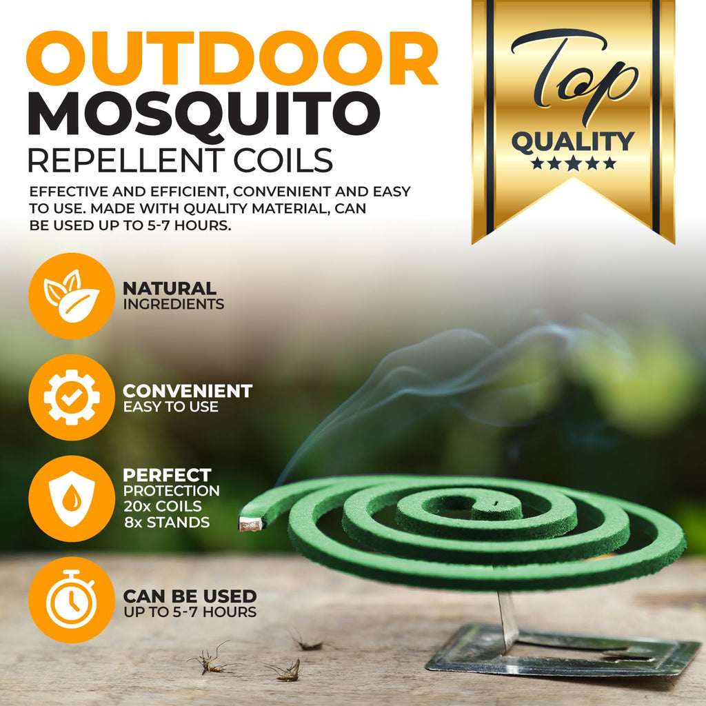 Mosquito Repellent Coils - Outdoor Use Reaches Up to 10 feet - Each Burns for 5-7 Hours (20 coils & 8 Coil Stands) for Patio Backyard
