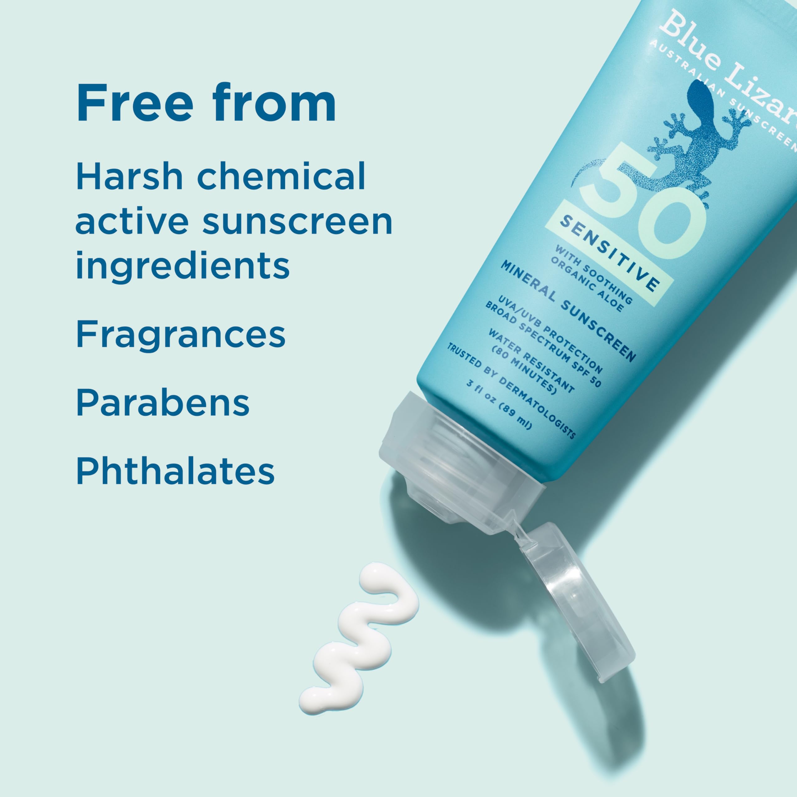 Blue Lizard SENSITIVE Mineral Sunscreen with Zinc Oxide, SPF 50+, Water Resistant, UVA/UVB Protection with Smart Cap Technology - Fragrance Free, 3 oz. Tube